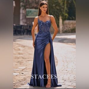 NWT Stacees Fitted Satin Beaded Corset Slit Prom Dress Sequin, Side Draping, 10